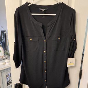 Brand New 3/4 Sleeve Black Ellen Tracy Dress Blouse with Gold Buttons